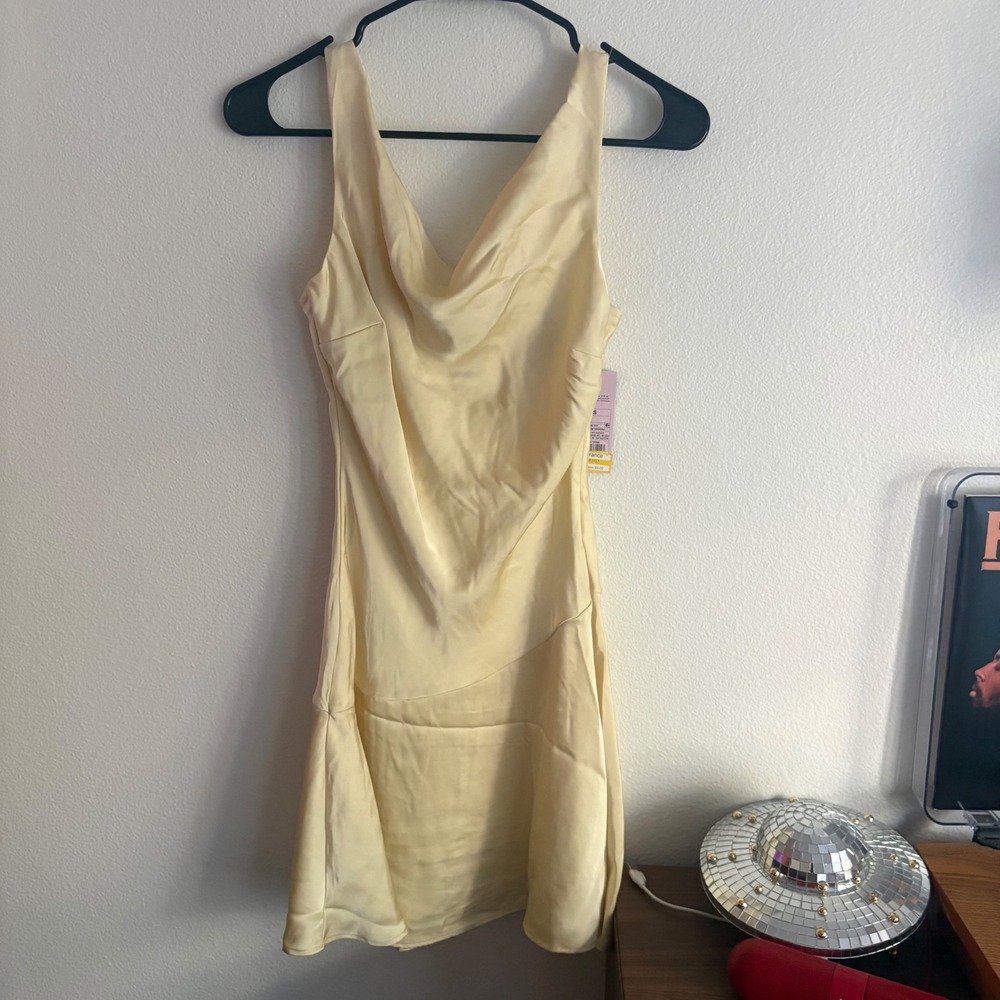 Wild Fable Yellow Satin Cowl Neck Mini Dress XS NWT Asymmetrical Ruffle Slip
